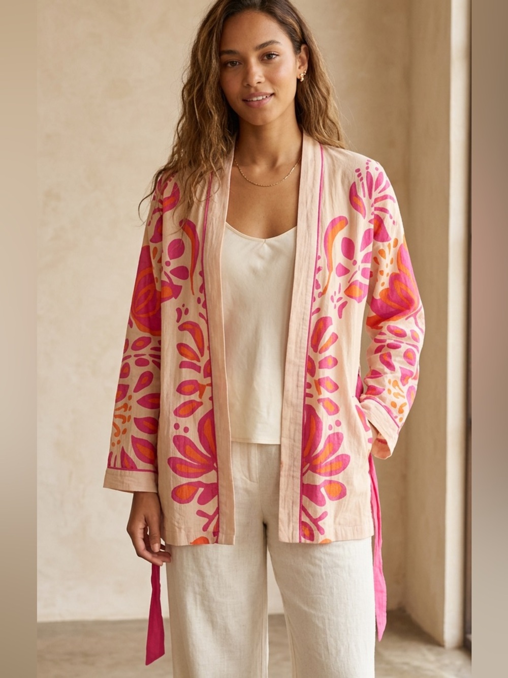 Vibrant Pink & Orange Floral Open Jacket